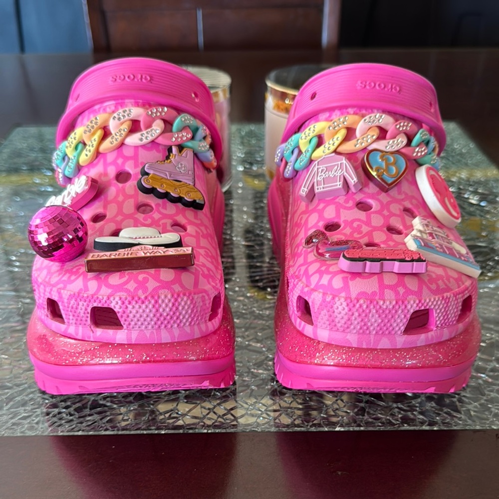 Custom limited edition glitter platform Barbie women’s crocs with Fun Charms!